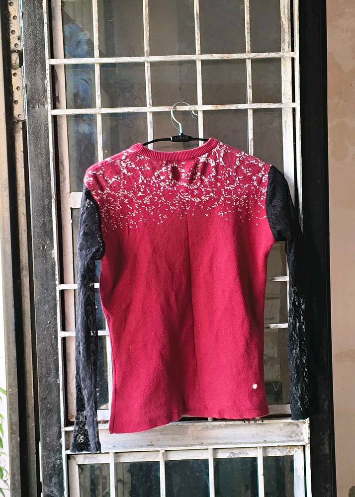 Beautiful Net Sleeves Woolen Girl Top