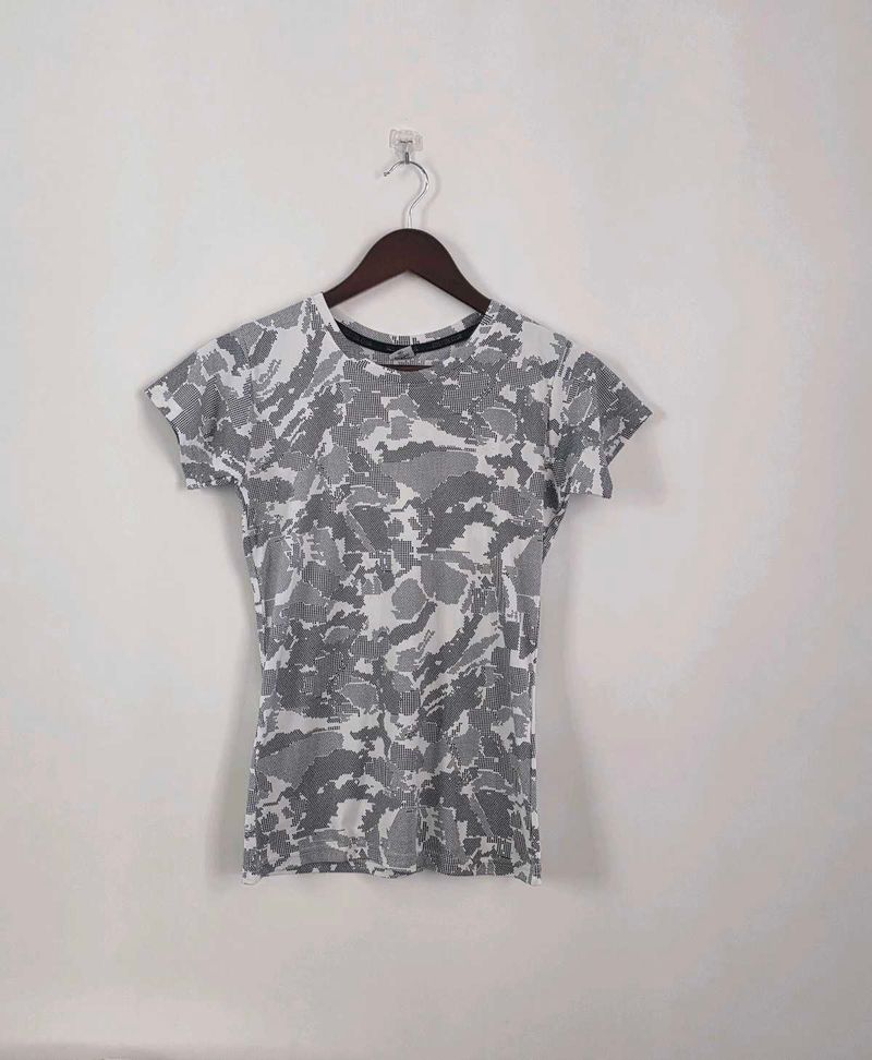 Gray Camouflage Print Workout T-Shirt