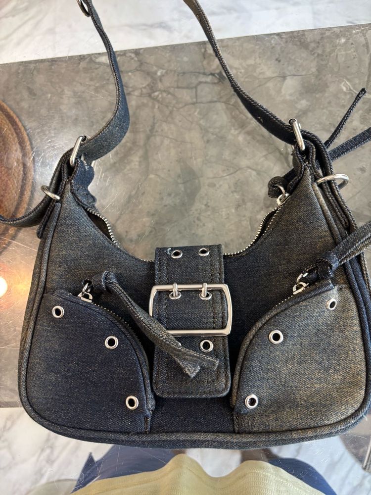 Bershka buckle detail denim crossbody bag in dirty