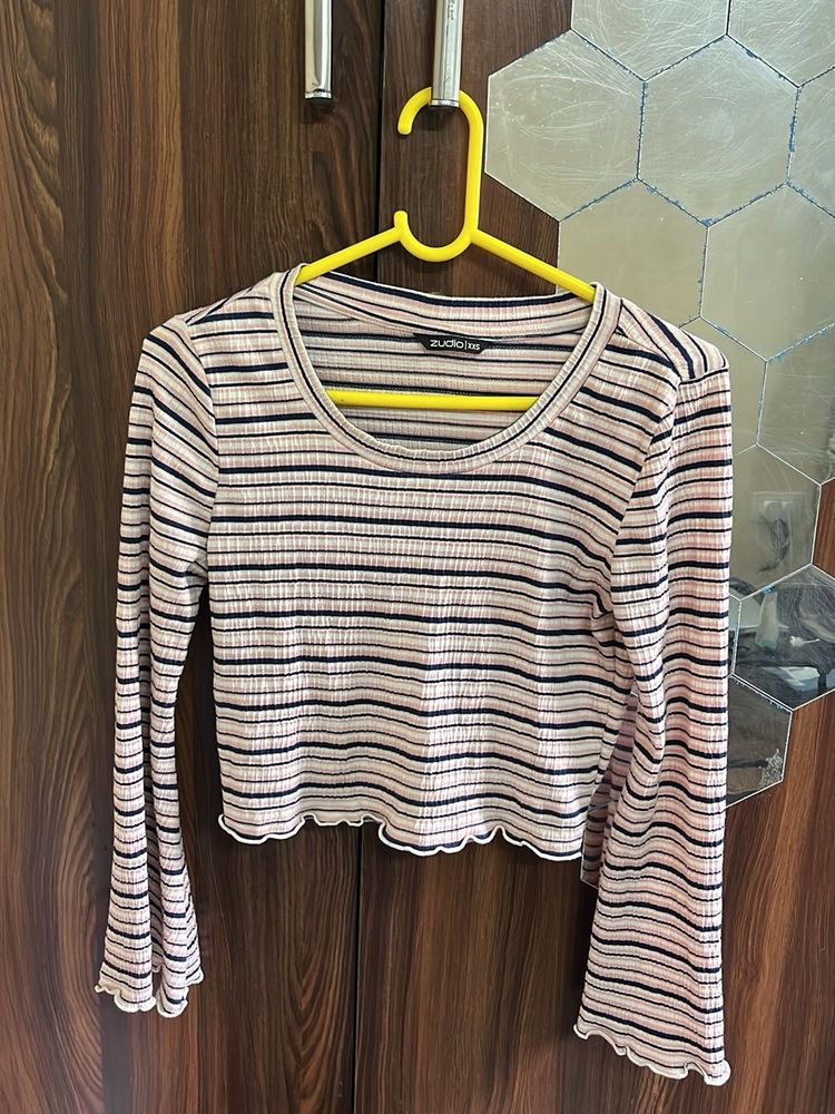 Striped Bell Sleeve Cropped Top