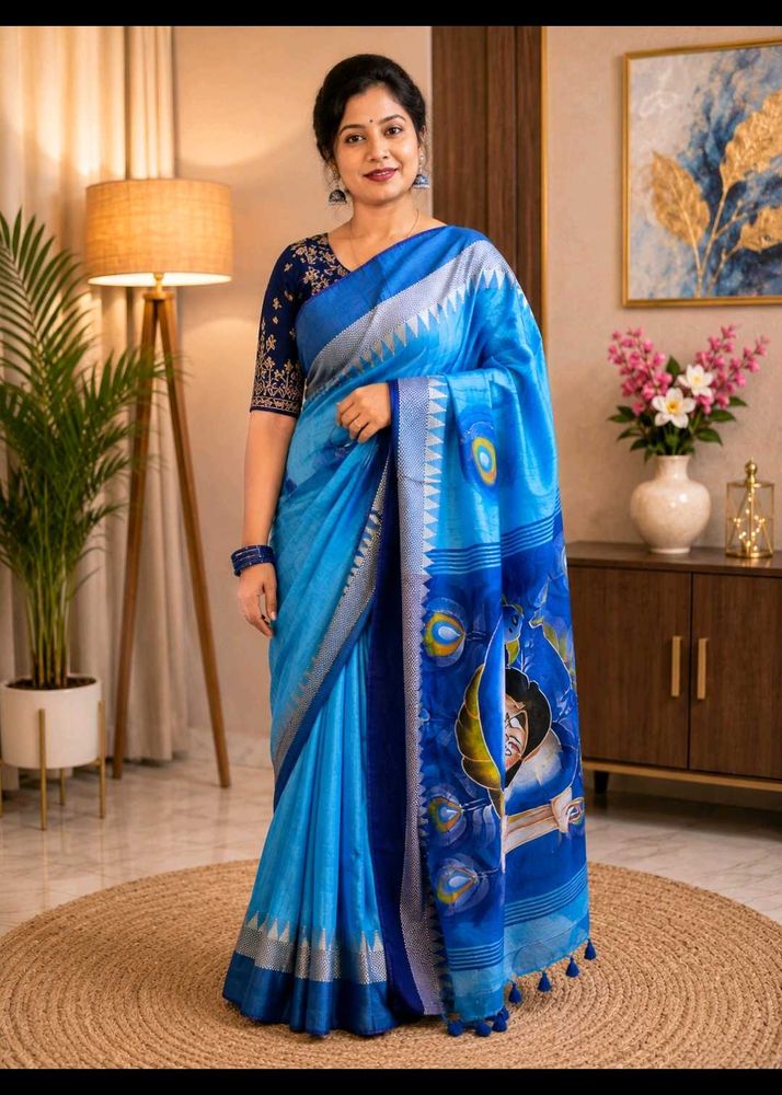 Stunning Blue Cotton Saree with Peacock Motif