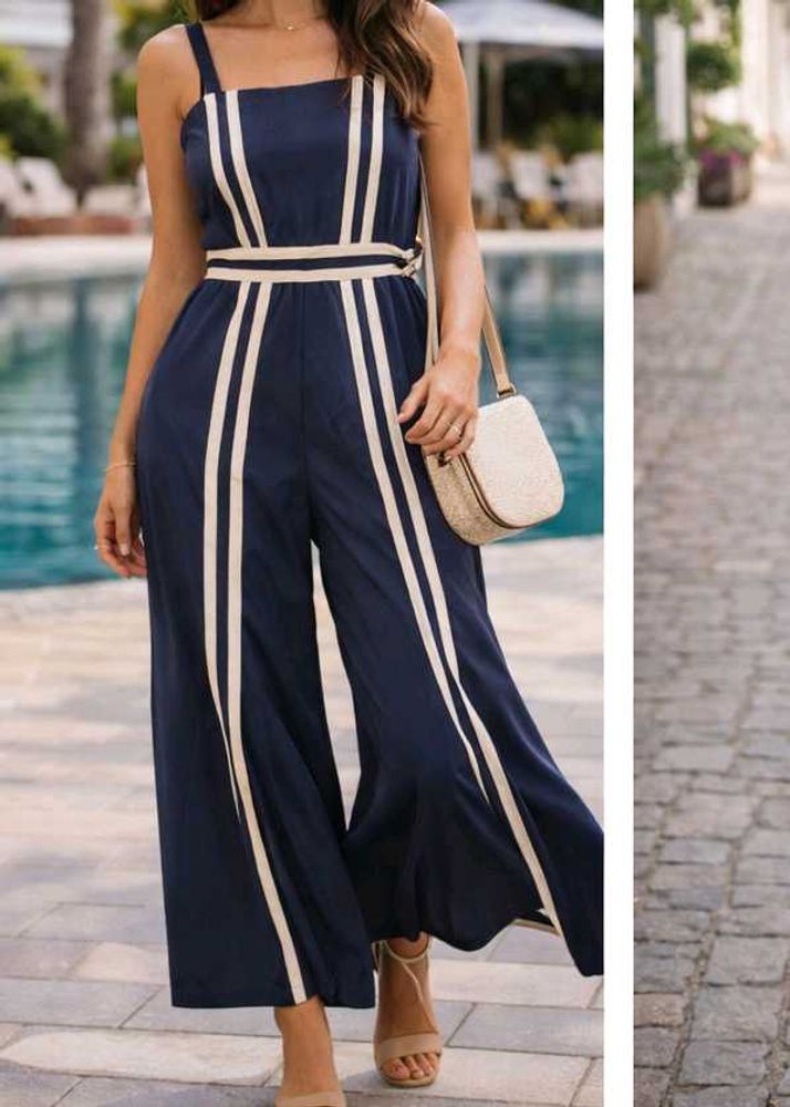Navy Blue Jumpsuit with White Stripes