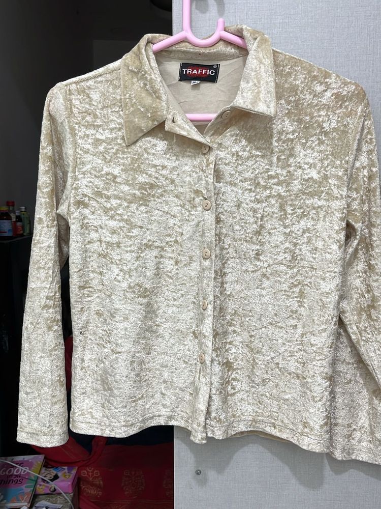 Traffic Beige Velvet Button-Down