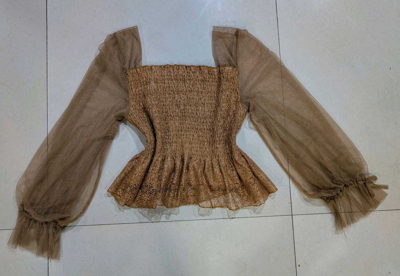 Elegant Smocked Top with Sheer Sleeves