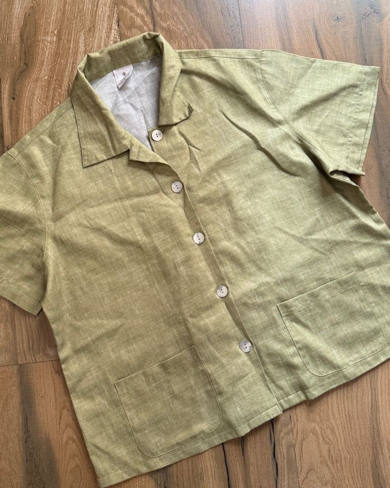 Linen Blend Short Sleeve Button-Up Shirt