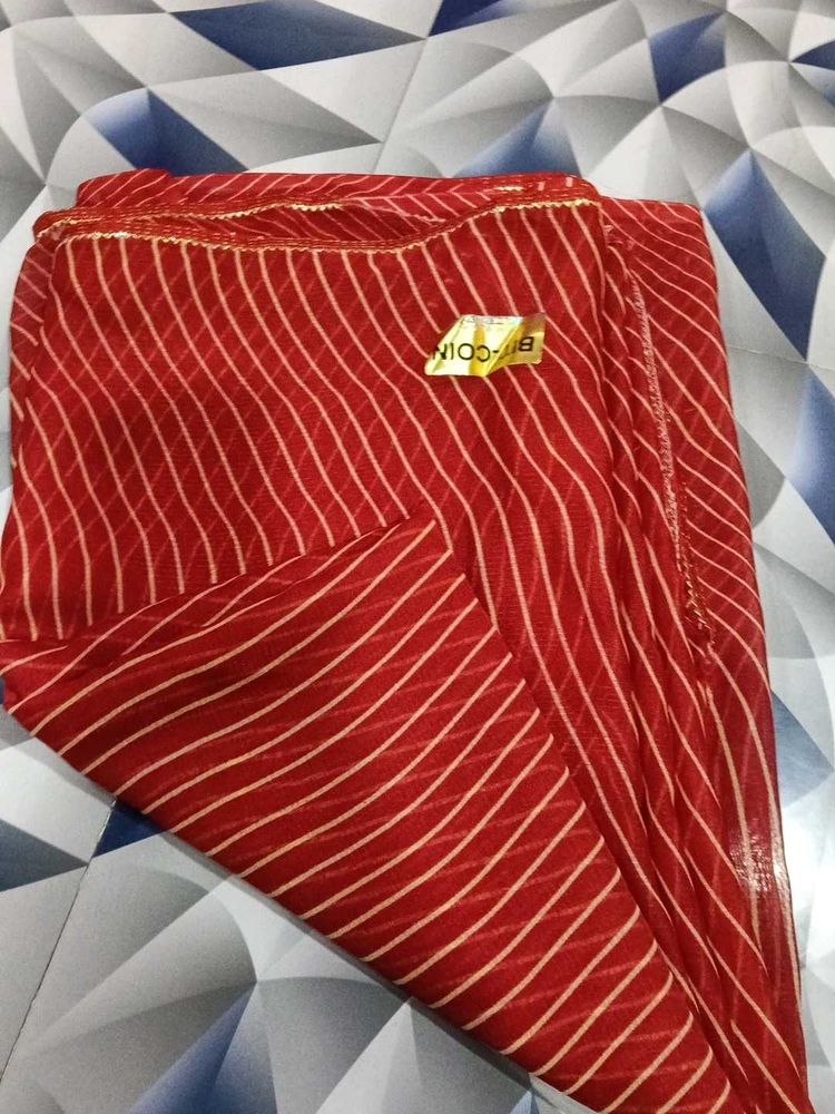 Vibrant Red Saree with Golden Stripes