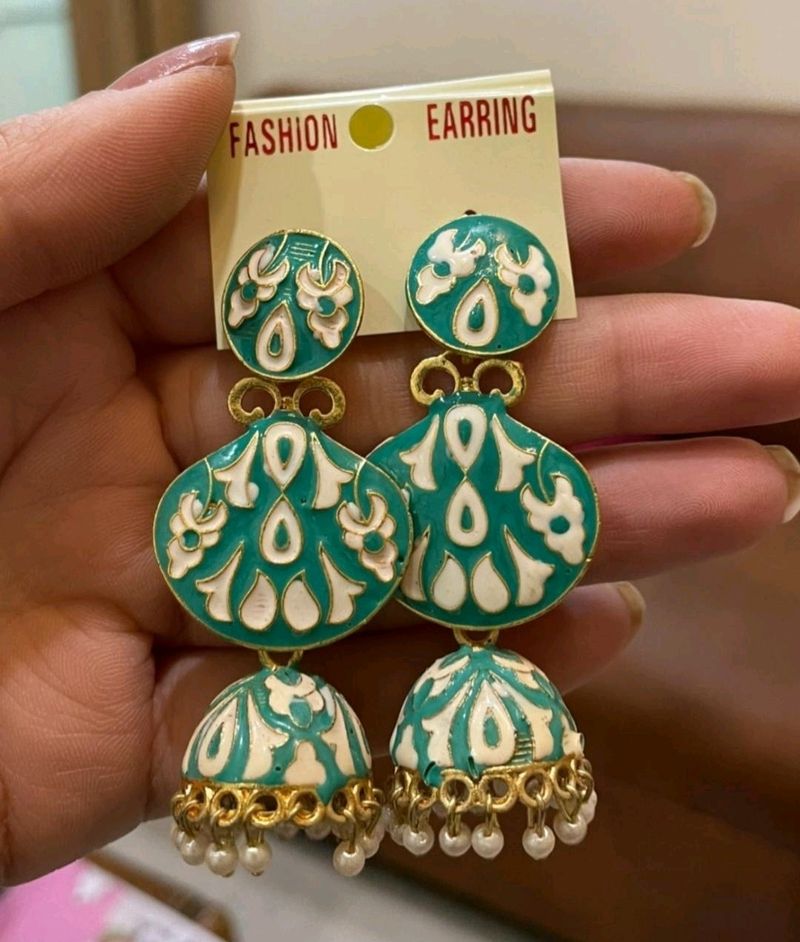 Meenakari Earrings : Teal Green &amp; Mehendi Green.