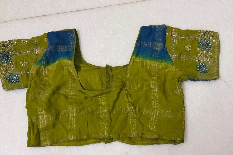 Olive Georgette Blouse with Embroidered Sleeve