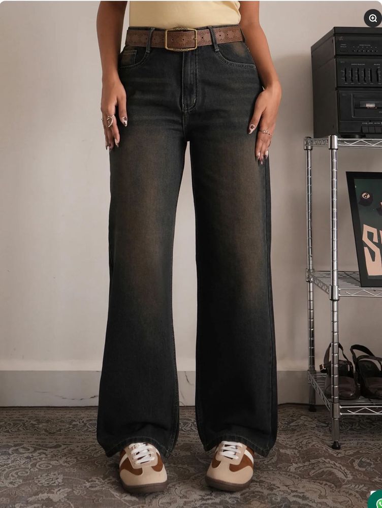 Wide Leg Washed Denim Jeans
