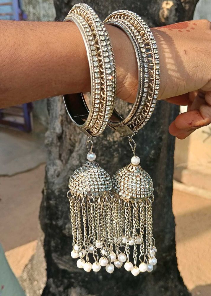 Elegant Silver Jhumki Latkan Kada Pair