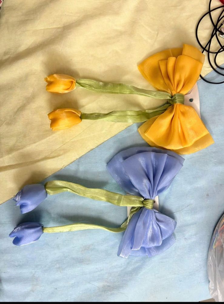 💙🌷 SHEER BLUE &amp; SAGE GREEN FLORAL TULIP BOW HAIR