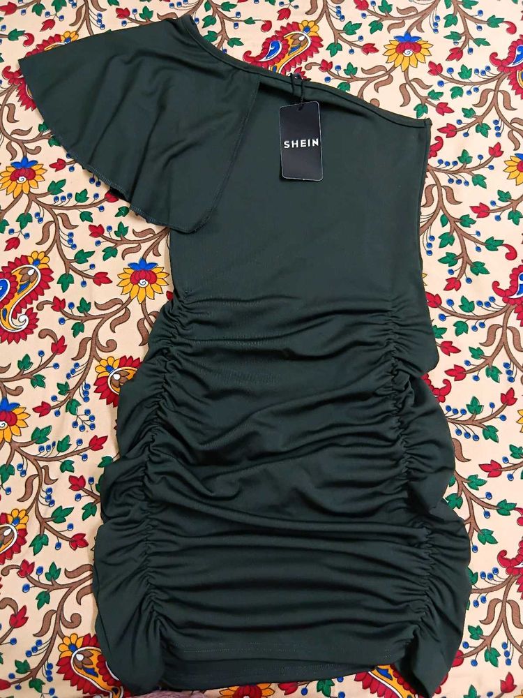 SHEIN One Shoulder ruffle sleeve Ruched bodycon Dr