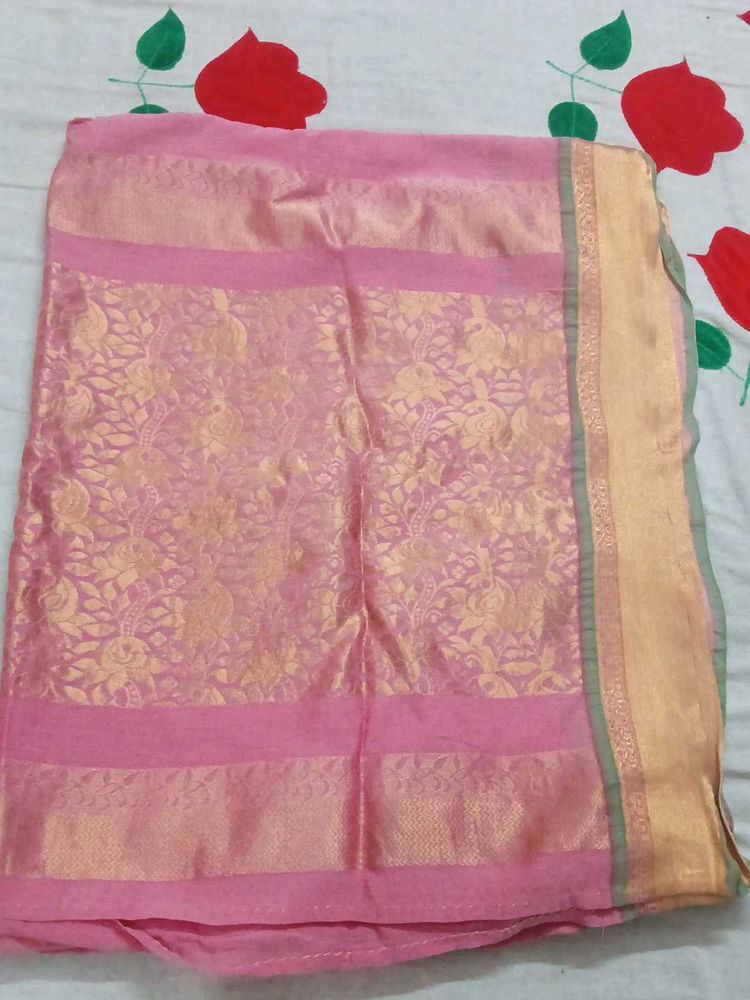 Elegant Pink Saree with Gold Border