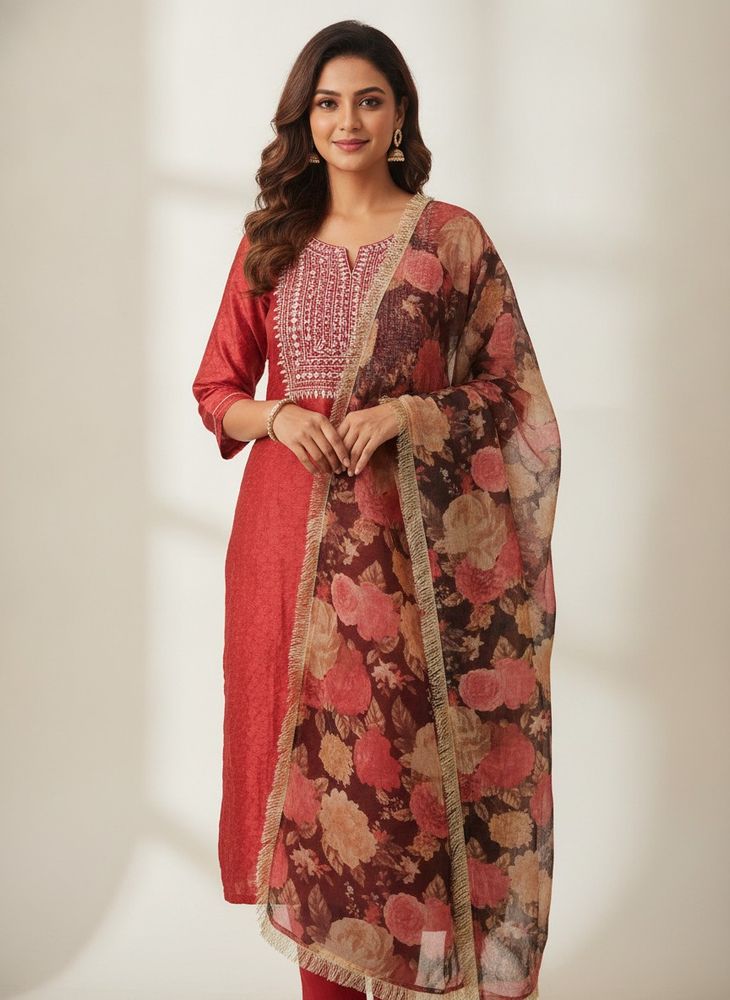 Elegant Red Floral Print Kurta Set