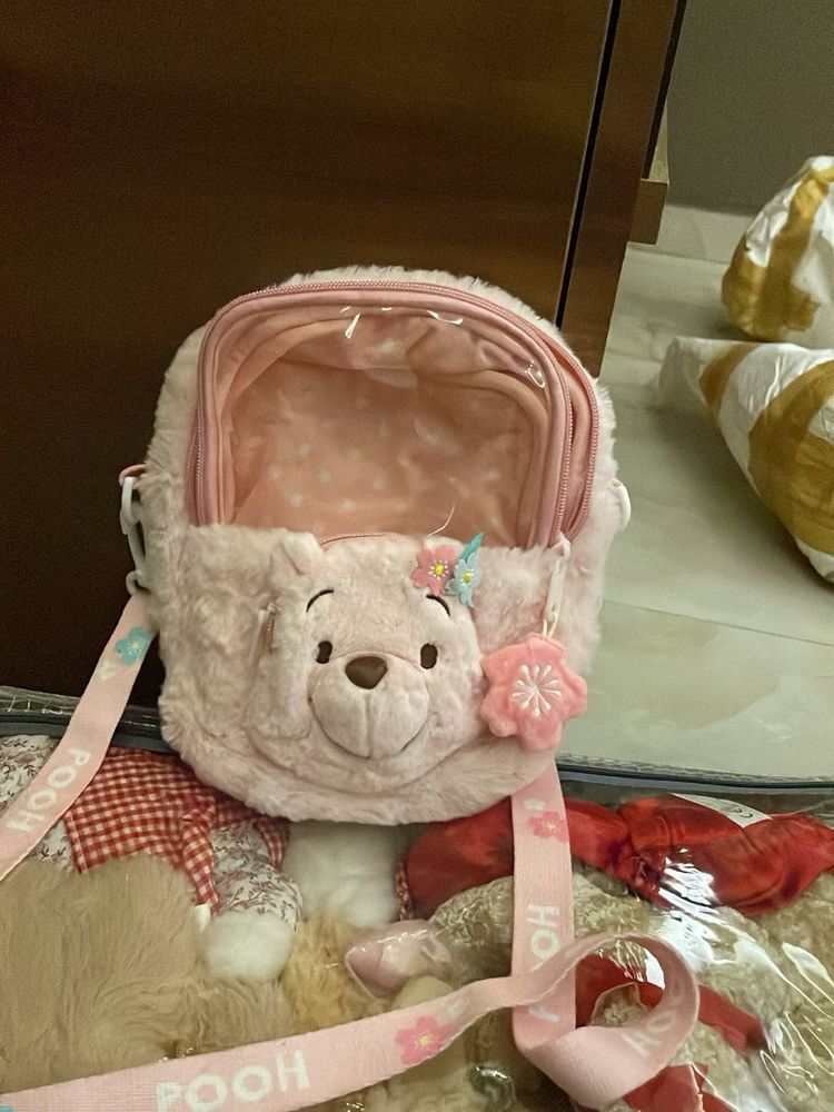Cute Pink Winnie the Pooh Plush Crossbody Bag