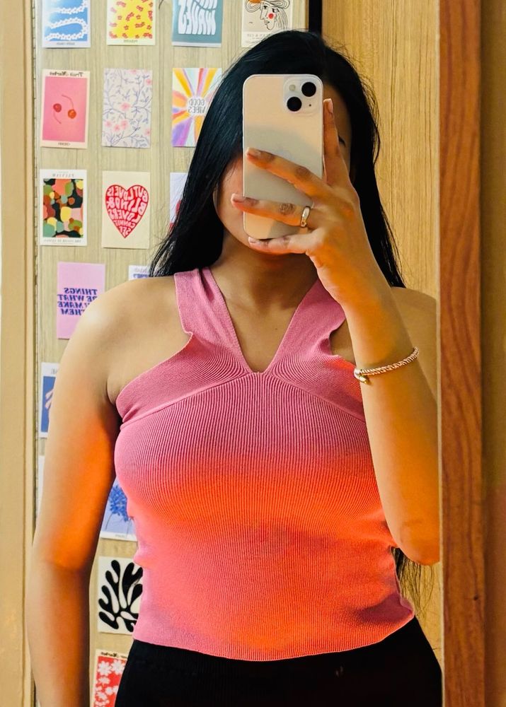 Pink Ribbed V-Neck Tank Top