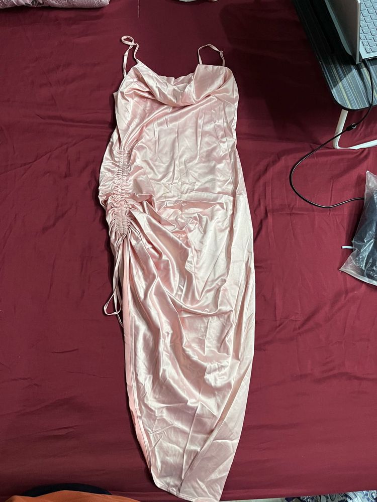 Satin Ruched Cowl Neck Dress