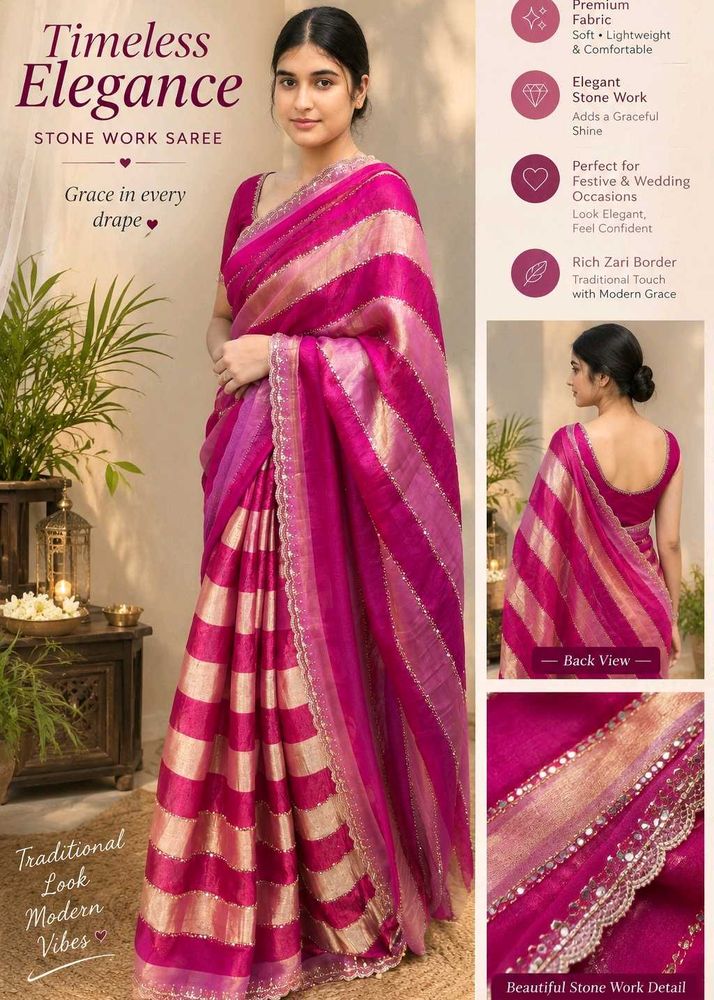 Elegant Stone Work Pink Saree