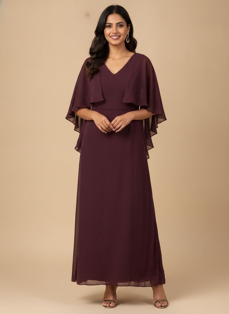Elegant Plum Maxi Dress with Cape Sleeves