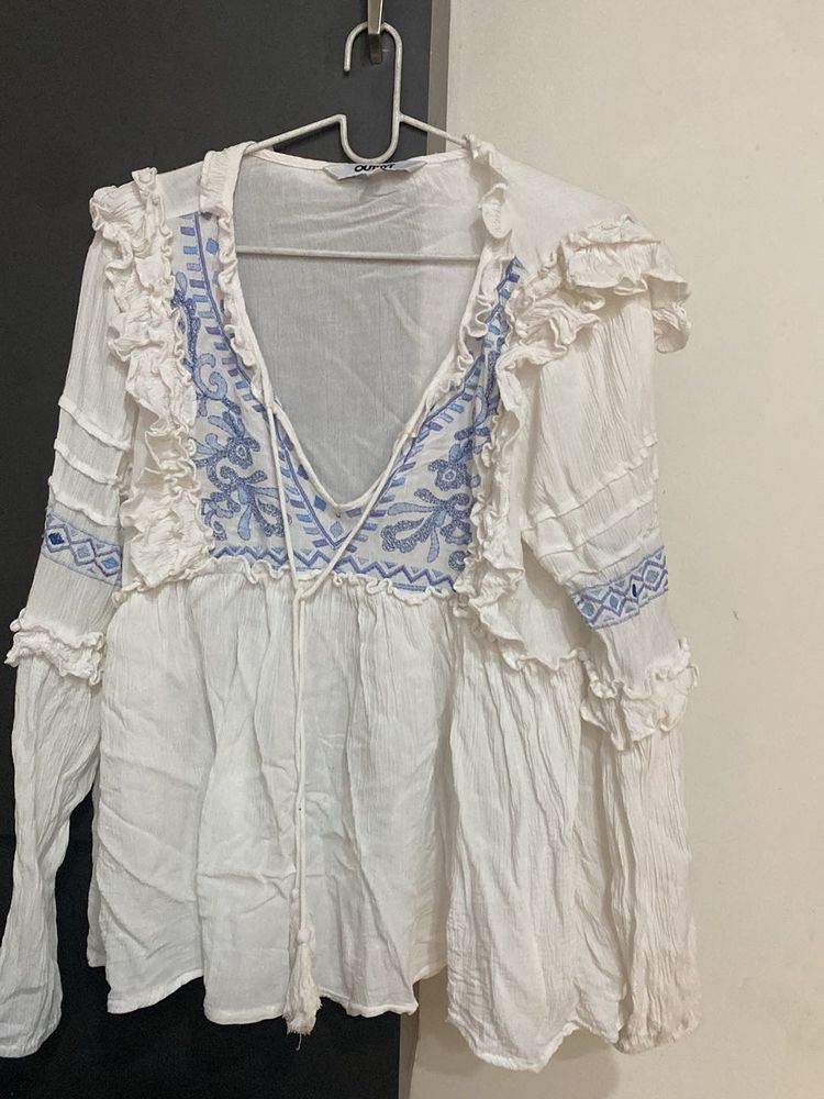 Boho White Embroidered Blouse with Tassel Tie