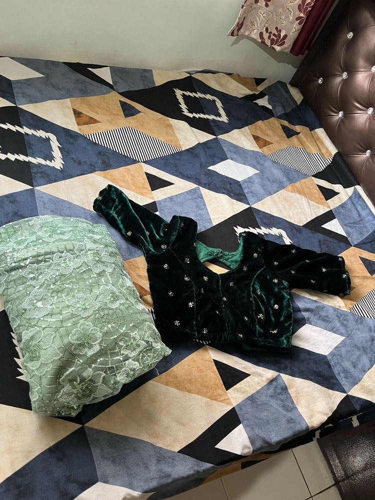 Velvet Green Blouse &amp; Net Leheng