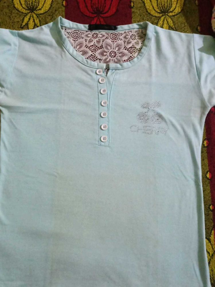 Light Blue Henley Top with Lace Detail