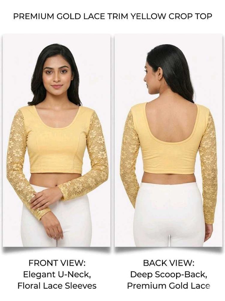 Yellow Crop Top with Gold Lace Sleeves