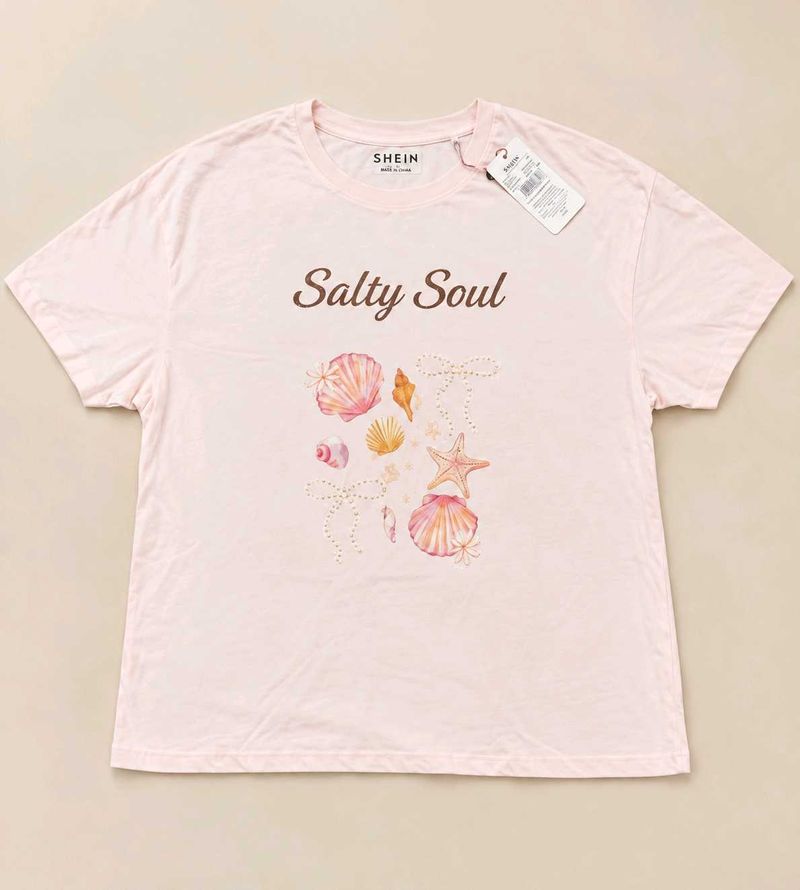 SHEIN Pink Salty Soul Seashell Graphic Tee