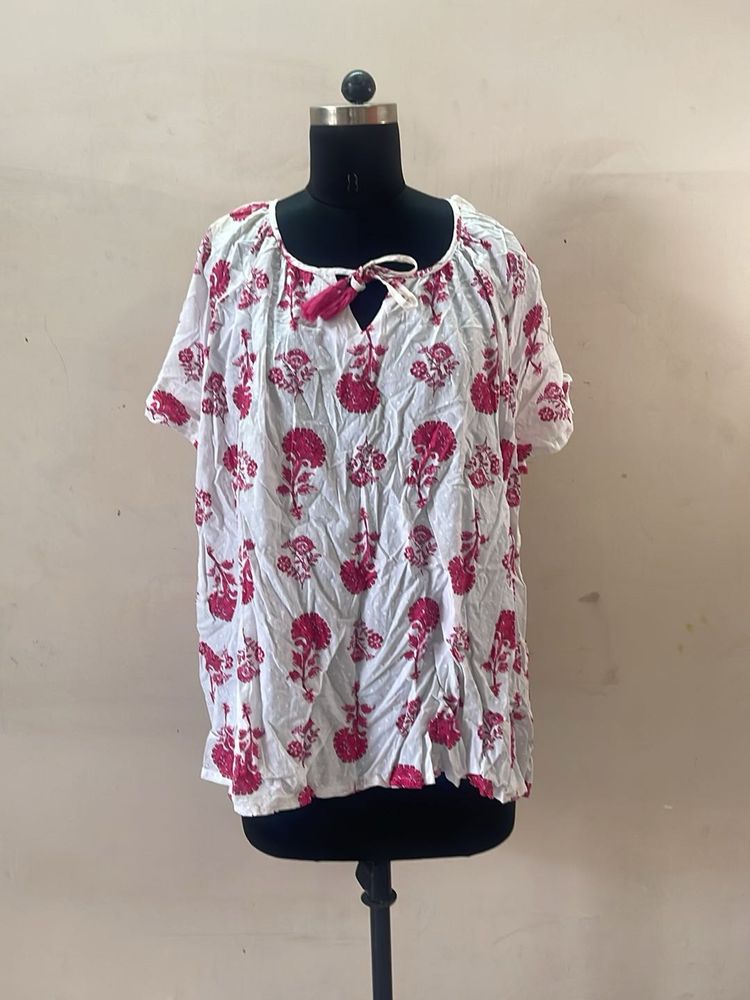 White Kurta with Pink Floral Print