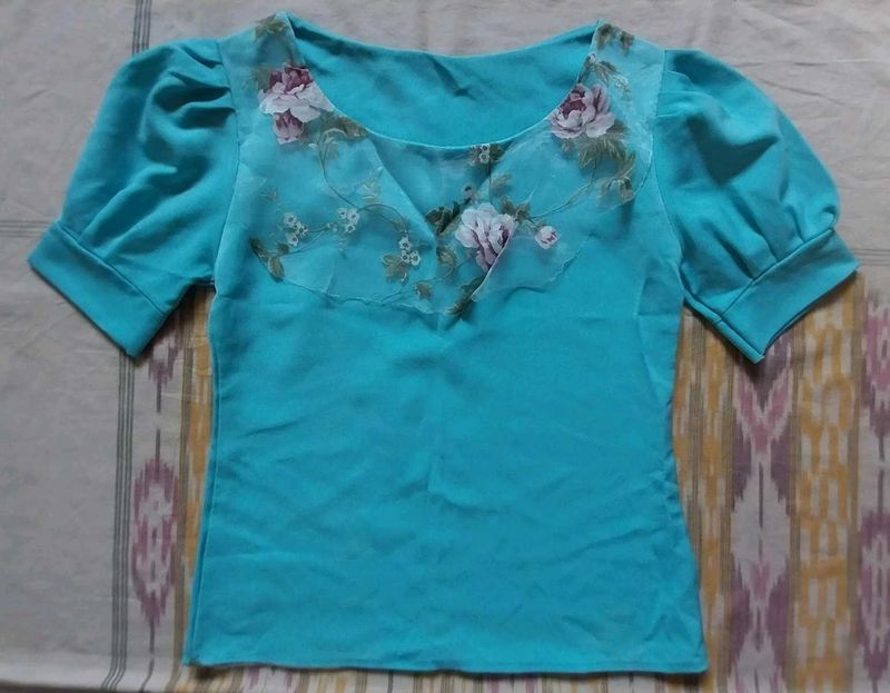 Blue Puff Sleeve Top with Floral Print