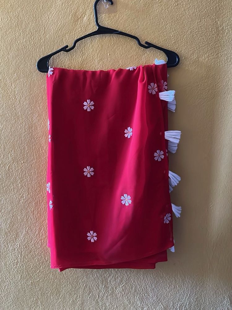 Charming Red Saree with White Flower Motifs