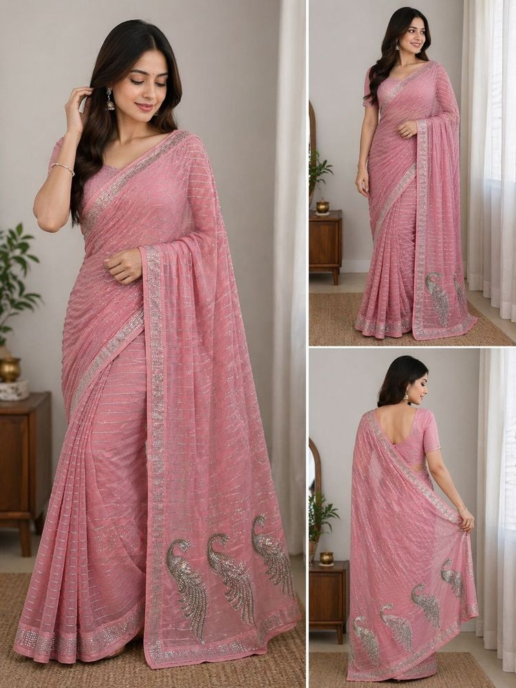 Elegant Pink Saree with Peacock Design