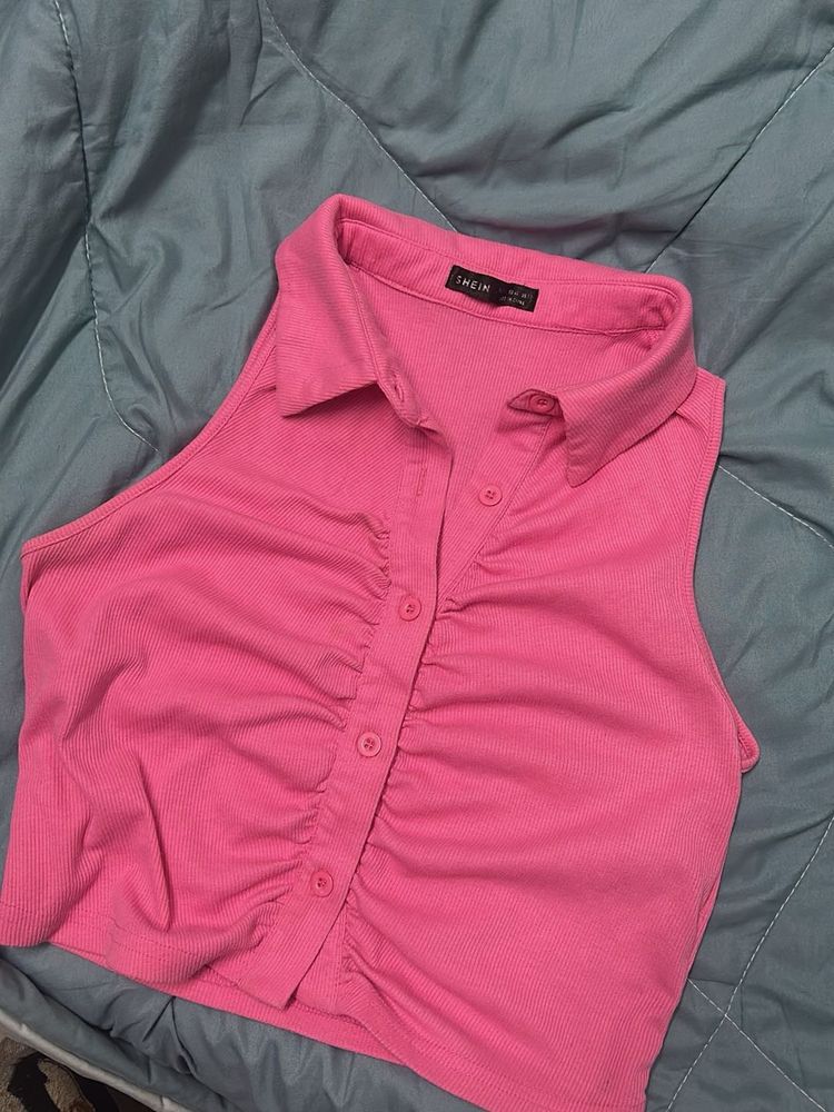 Chic Pink Ruched Collared Sleeveless Top