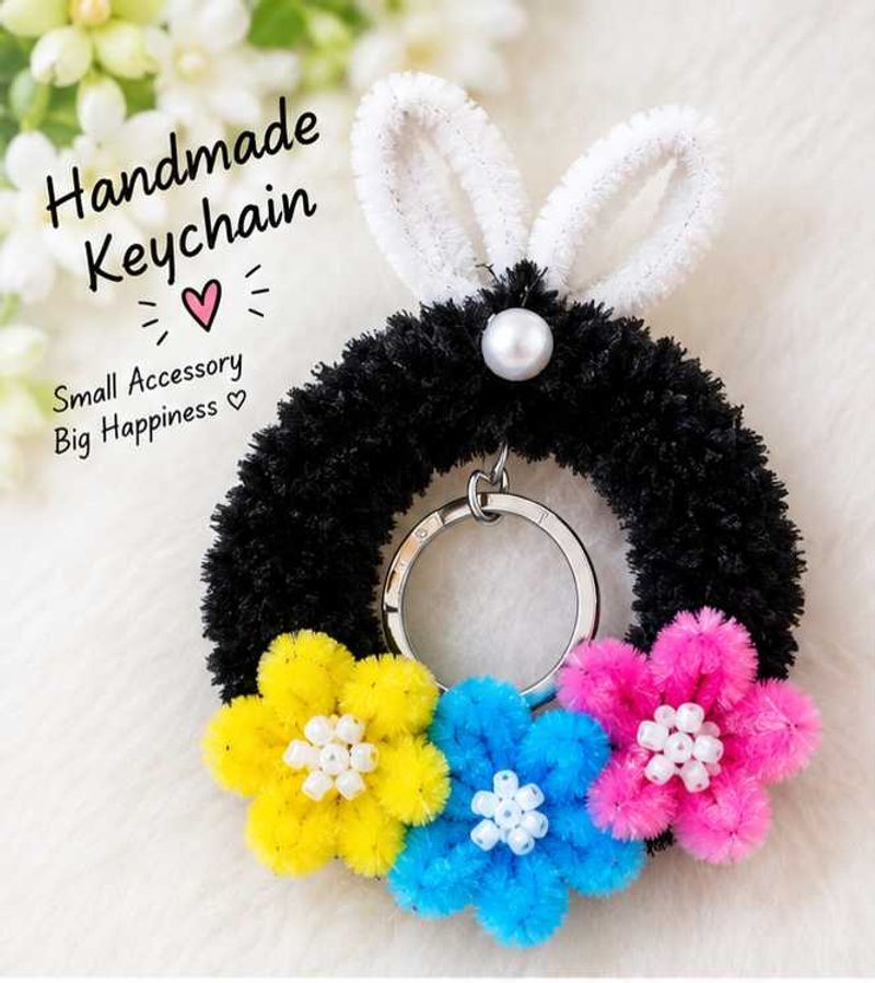 Handmade Fluffy Black Wreath Keychain