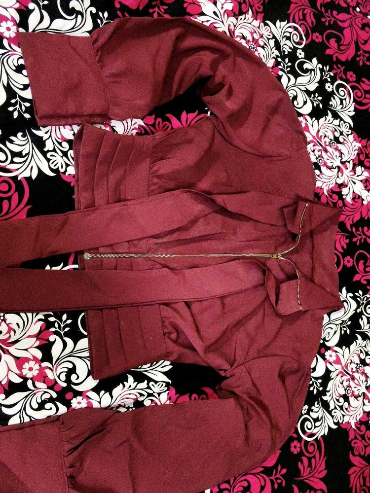 Maroon Crop Jacket with Pleated Details