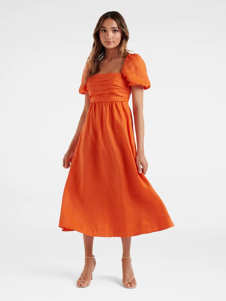Chic Orange Puff Sleeve Midi Dress