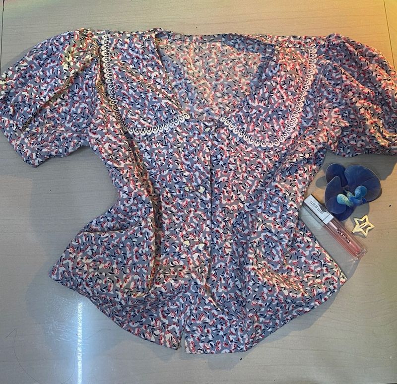 Chic Floral Print Puff Sleeve Top