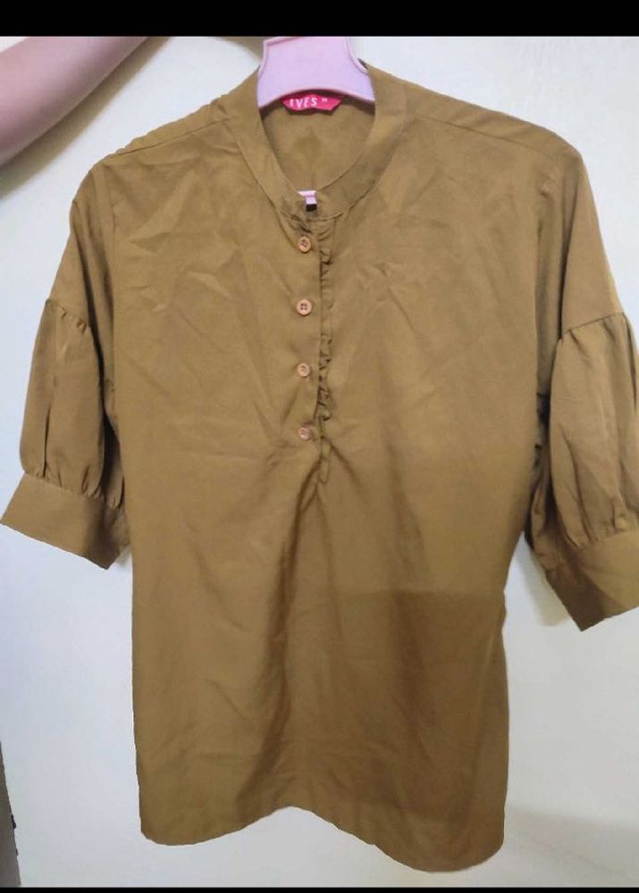 Brown Puff Sleeve Collared Top