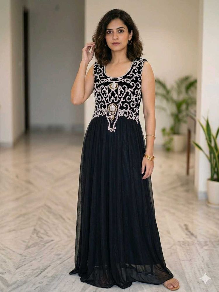 Ethereal Midnight: Embellished Mesh Evening Gown