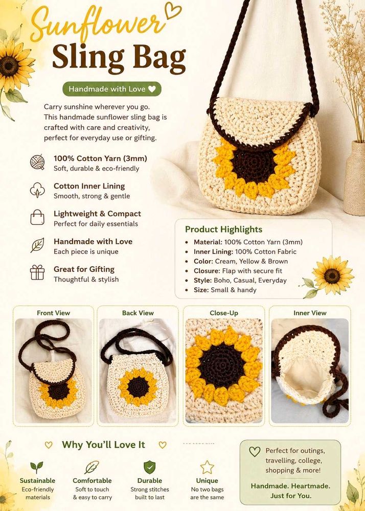 Crocheted Sunflower Sling Bag🌻