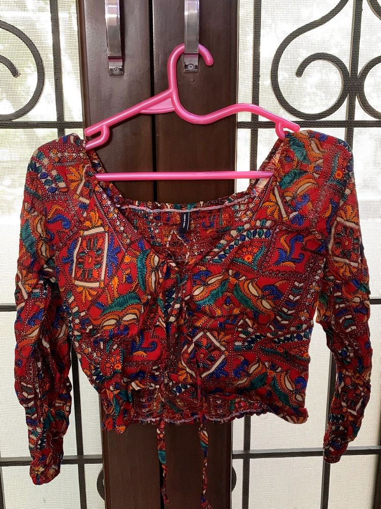 Boho Print Tie-Front Crop Top
