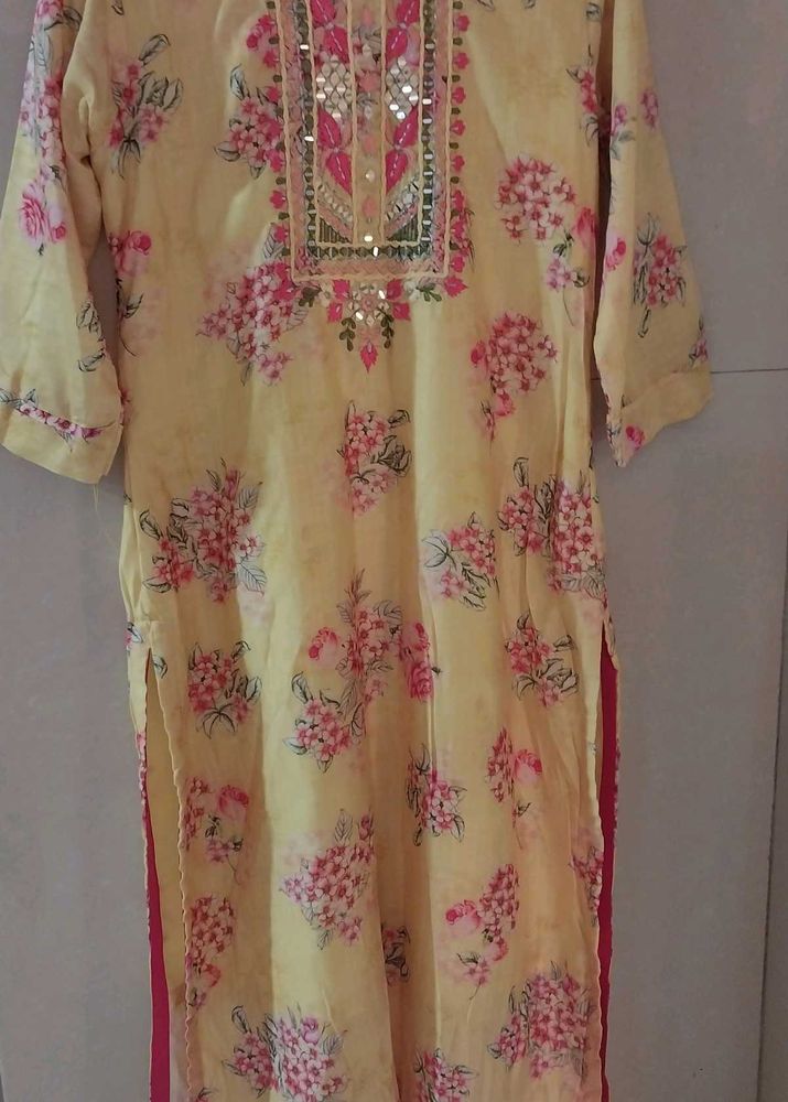 Yellow Floral Print Kurta with Mirror Work
