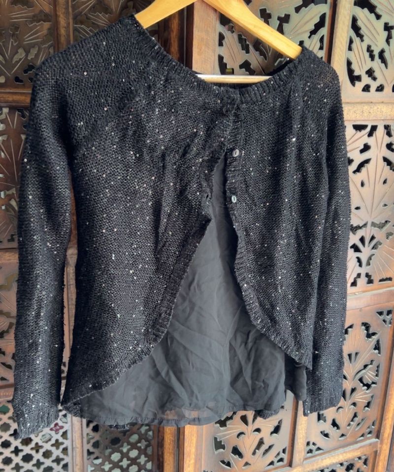 Sparkly Black Cardigan with Sheer Overlay