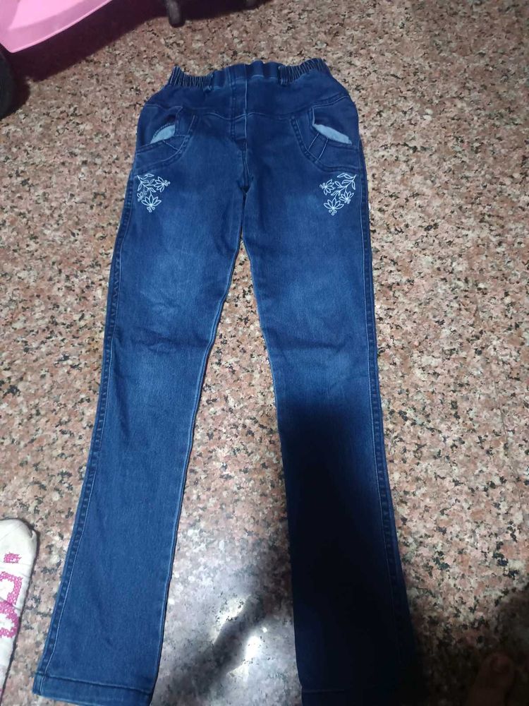 Girls' Blue Denim Jeans with Floral Embroidery
