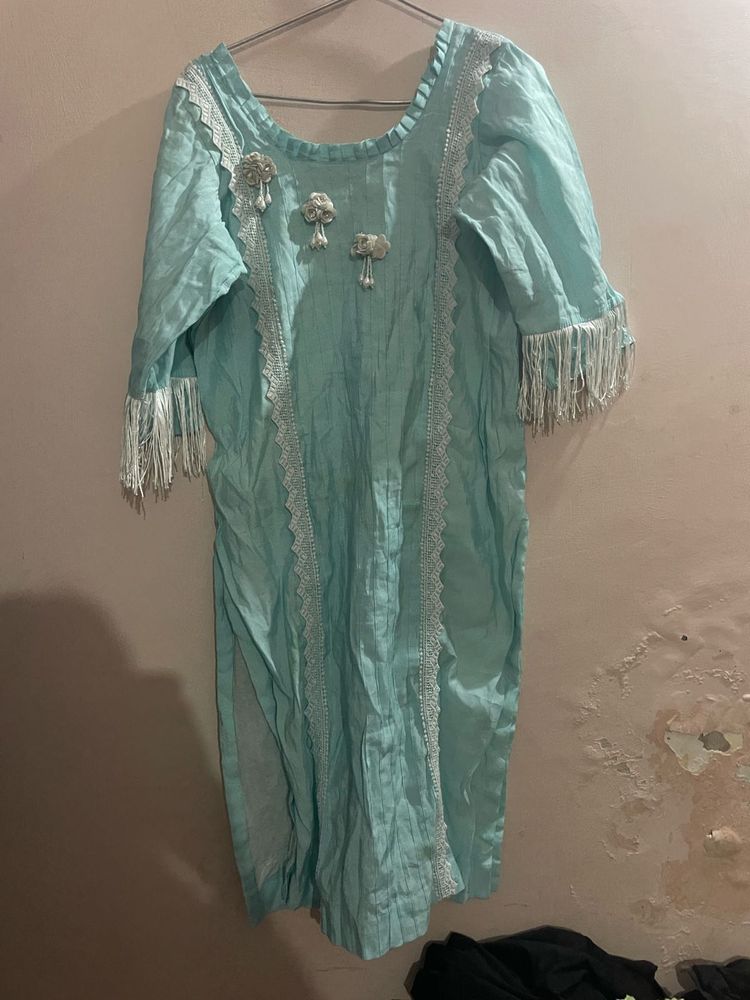 Beautiful Teal Kurta with Tassels &amp; Lace