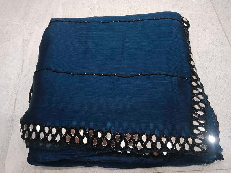 Elegant Teal Saree with Mirror Work