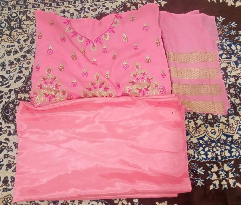 Pink Embroidered Unstitched Anarkali Suit
