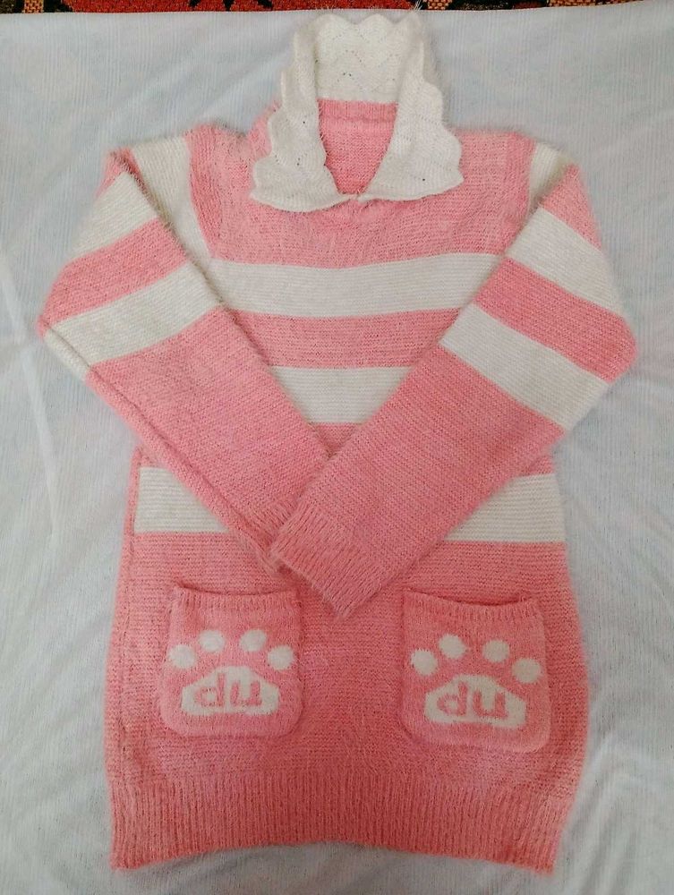Pink Striped Korean Sweater Dress