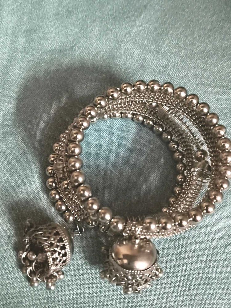 Silver Toned Oxidised Jhumka Bracelet