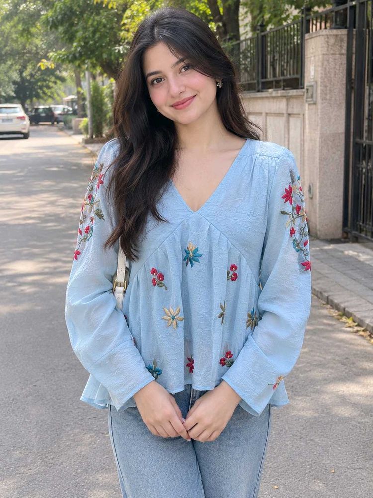 Embroidered Blue V-Neck Peplum Top